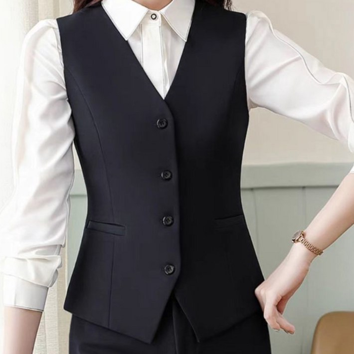 여성용 브이넥 정장 베스트 슬림 정장 조끼 오피스룩 민소매 상의 여성 작업복 조끼 베스트 빅사이즈 YJW