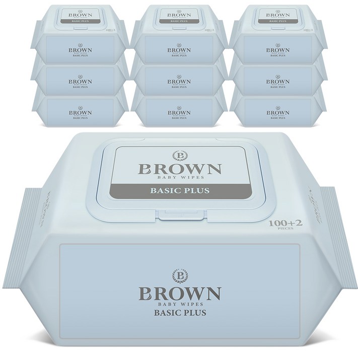 브라운 베이직 플러스 저자극 유아물티슈 캡형, 102매, 10팩 - 더블유와이몰