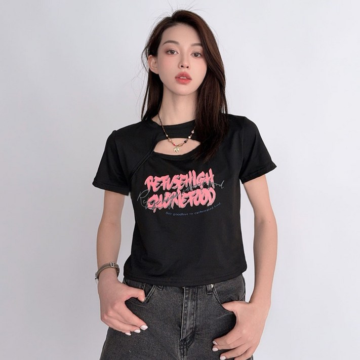 더시럽 여성용 가슴 트임 크롭 레터링 반팔 티셔츠