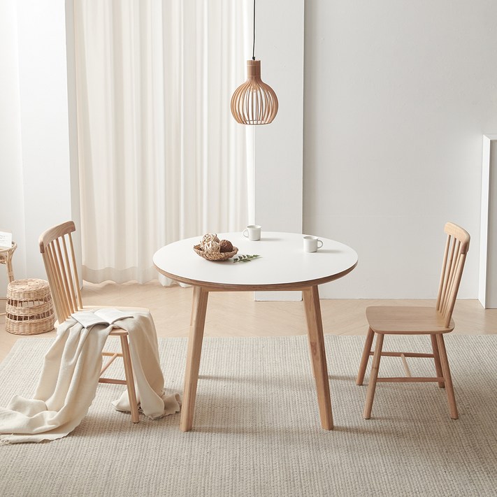 웰퍼니쳐 피오니 자작나무 원형 식탁 1000  의자2p 방문설치, 테이블화이트, 의자원목