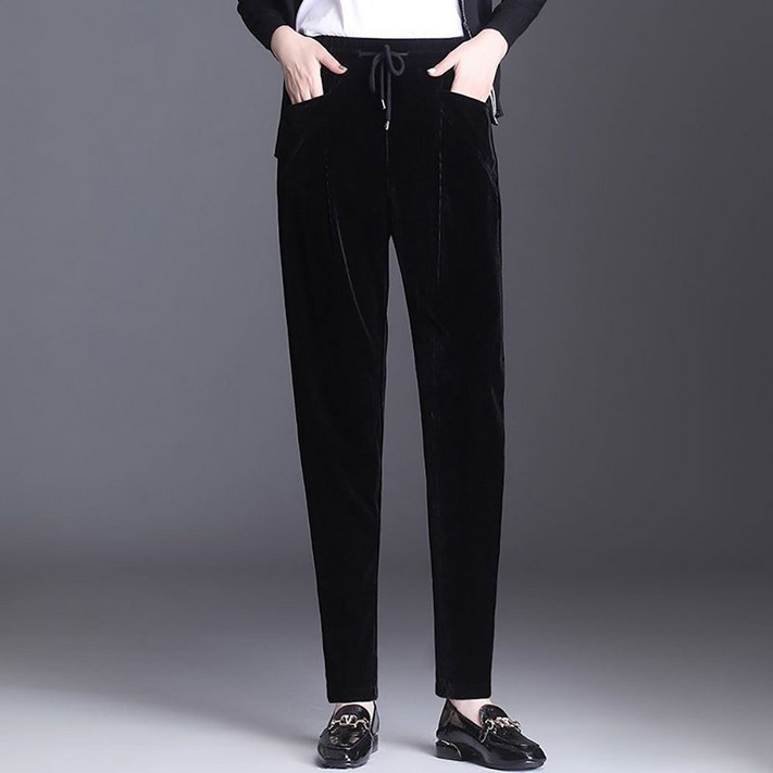 VVRR 여성용 가을 겨울 벨벳 긴바지 편안한 허리 밴딩 포켓 바지 V111242