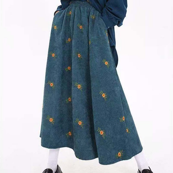 봄가을 신상 여성 스커트 빈티지 코듀로이 자수 A라인 플라워 롱스커트 어디에나 밴딩 허리가 날씬해 보이는 우산 스커트