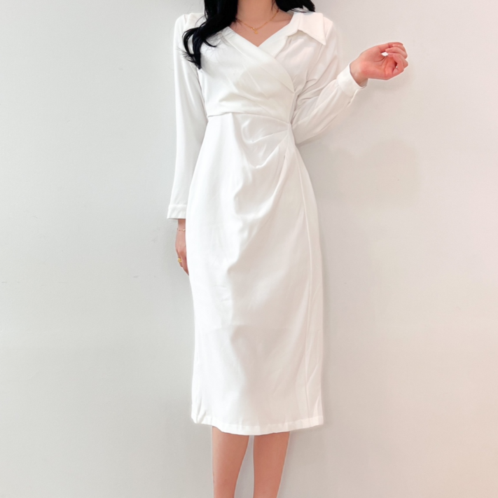 투디 오픈 카라 사이드 셔링 랩 미디 원피스, 2컬러