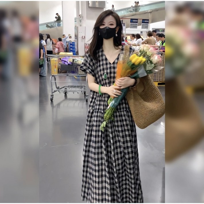 해당컴퍼니 여성 여름 반팔 루즈핏 체크 롱원피스 H128