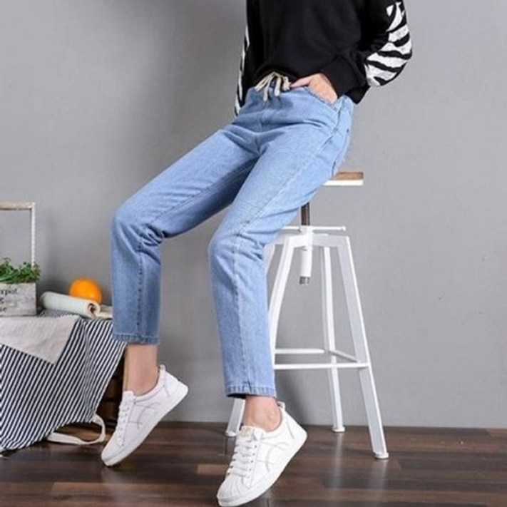 하우룩 9005 봄 여성 허리밴딩 스판 10부 보이핏 청바지 데님 팬츠 배기핏