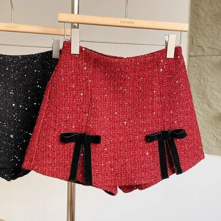 PEROLA 여성 트위드 반바지 리본 스팽글 뒷지퍼 캐주얼 가을 겨울 반바지