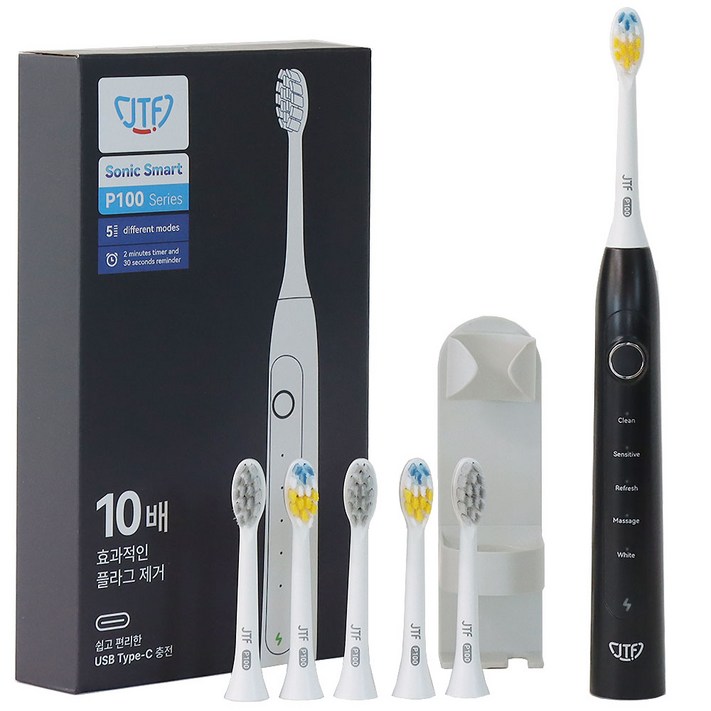 JTF P100 음파 전동칫솔 가성비 칫솔 분당 5만회 진동 USB C타입 충전 60일사용 5가지 모드 IPX7 방수등급 99g 가벼운 무게 거치대 증정 듀폰사칫솔모 6개포함, P100 블랙, 1개 JTF P100 음파 전동칫솔 가성비 칫솔 분당 5만회 진동 USB C타입 충전 60일사용 5가지 모드 IPX7 방수등급 99g 가벼운 무게 거치대 증정 듀폰사칫솔모 6개포함, P100 블랙, 1개