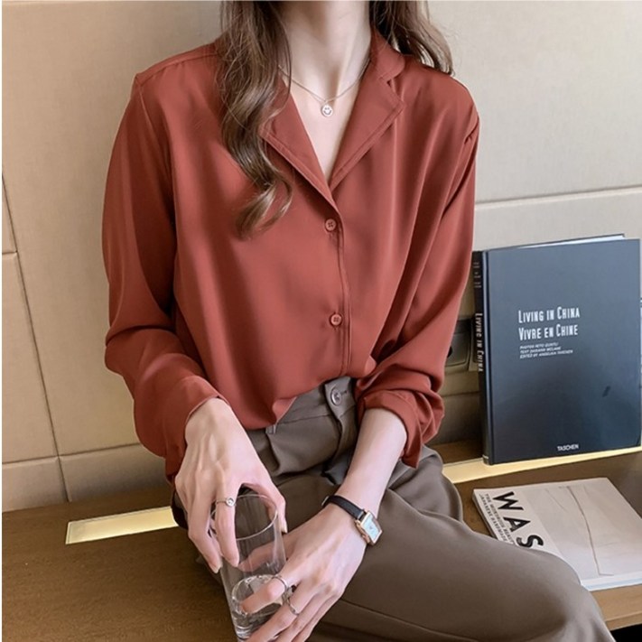 여성 긴팔 쉬폰 브이넥 카라 블라우스