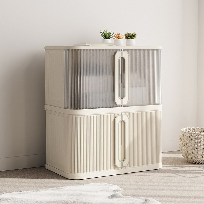 홈비 양문형 슬라이딩 도어 적층형 리빙박스, 1개, 투명