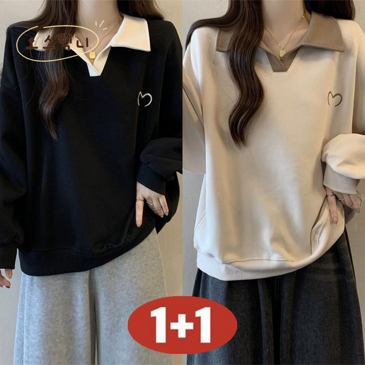 오스틱니완전 편한 100kg까지 빅사이즈 11 여성 봄가을 초특가 날씬해 보이는 셔츠 넥 디자인 감각 외출용 간절기 긴팔 맨투맨