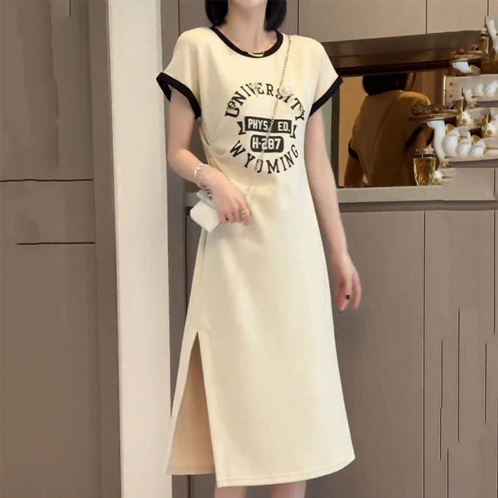 공구리빙 여성 트임 반팔 찰랑 롱원피스 시원한 여름 데일리 캐주얼 원피스