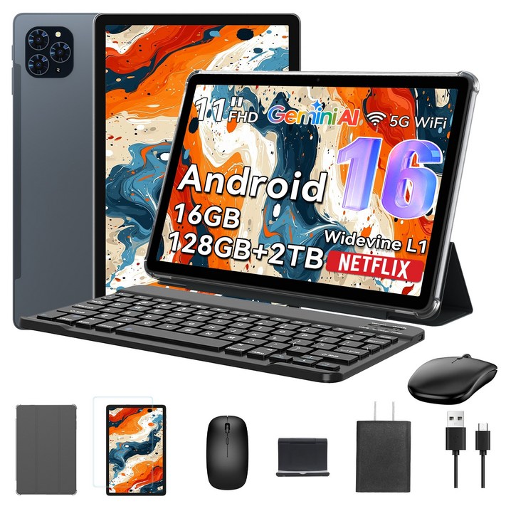 TABWEE 2026 최신형 태블릿 Android16 Gemini AI 11인치 태블릿PC 16GB 128GB 2TB확장 옥타코어 게이밍 테블릿 pc 9in1 키보드세트, WiFi, 128GB, 회색