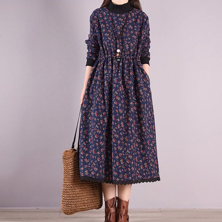 PEROLA 여성 겨울 기모 원피스 플라워 허리조임 셔츠원피스 캐주얼 빅사이즈 A라인 롱 원피스