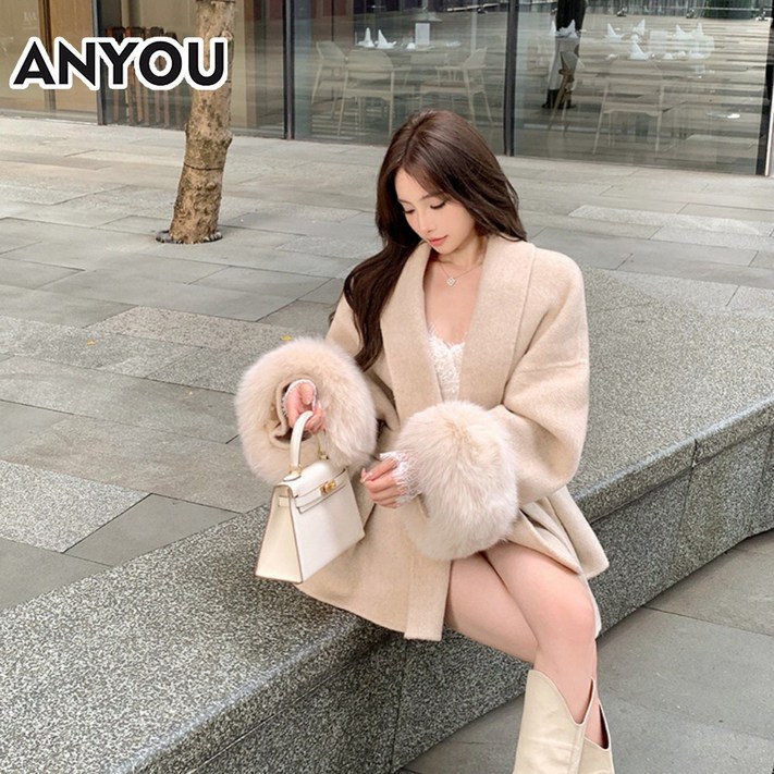 ANYOU 여성 핸드메이드 코트 울100  겨울 파이로 로브 벨트 코트 댄리블 빅사이즈여성의류 겨울  코트 트렌치코트