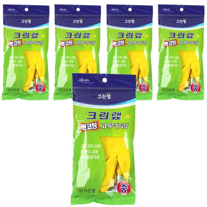 크린랲 면코팅 고무장갑 중, 노랑, 5개