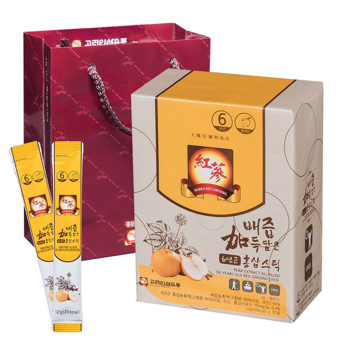 고려인삼유통 배즙 가득 담은 6년근 홍삼스틱 30포 + 쇼핑백, 360g, 1세트