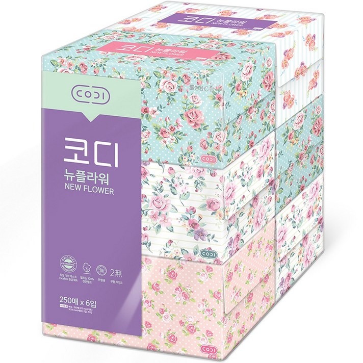  코디 뉴플라워 천연펄프 미용티슈, 250매, 6개 
