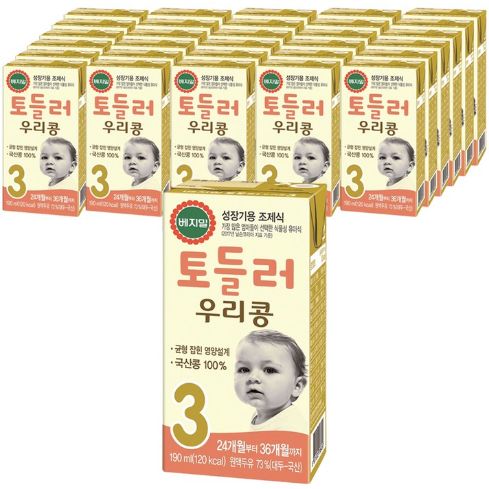  베지밀 토들러 우리콩 3단계 유아식 두유 190ml, 두유맛, 32개 