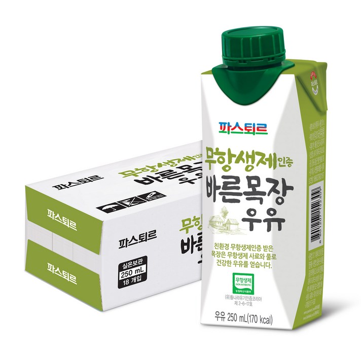파스퇴르 무항생제 인증 바른목장 우유, 250ml, 18팩