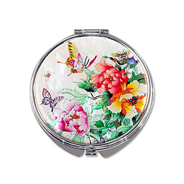 나전칠기 자개 원형 손거울, 나비목단 백, 1개