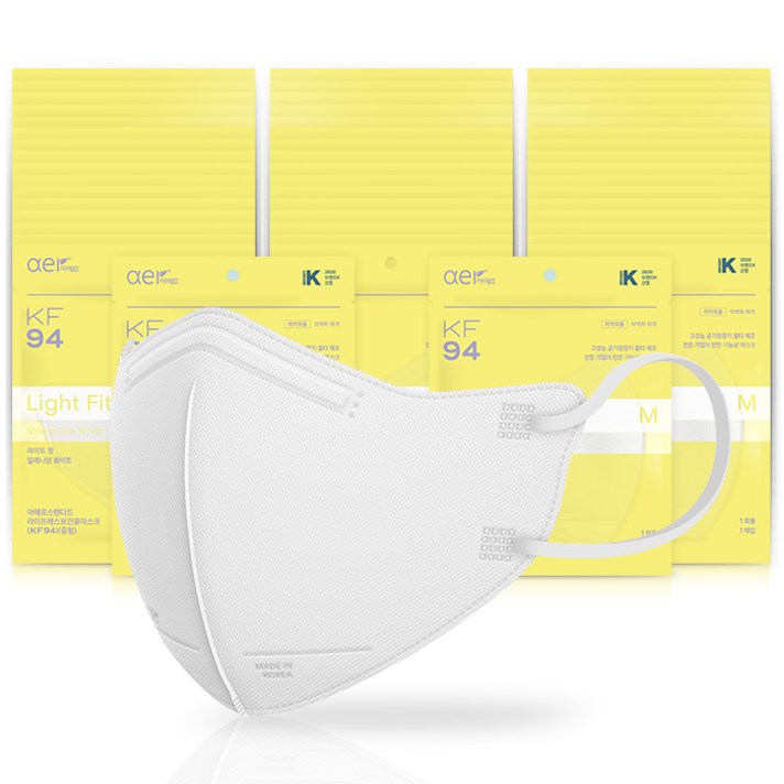 아에르 스탠다드 라이트핏 보건용 마스크 백색 중형 KF94, 1개입, 50개