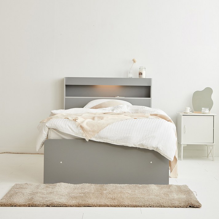 라온퍼니쳐 멜로우 LED 수납 침대프레임 방문설치, 그레이콤비