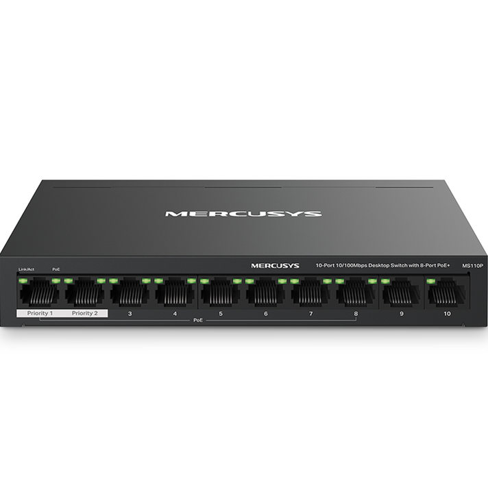 머큐시스 10 포트 10100Mbps 데스크톱 스위치 8 포트 PoE 지원, MS110P