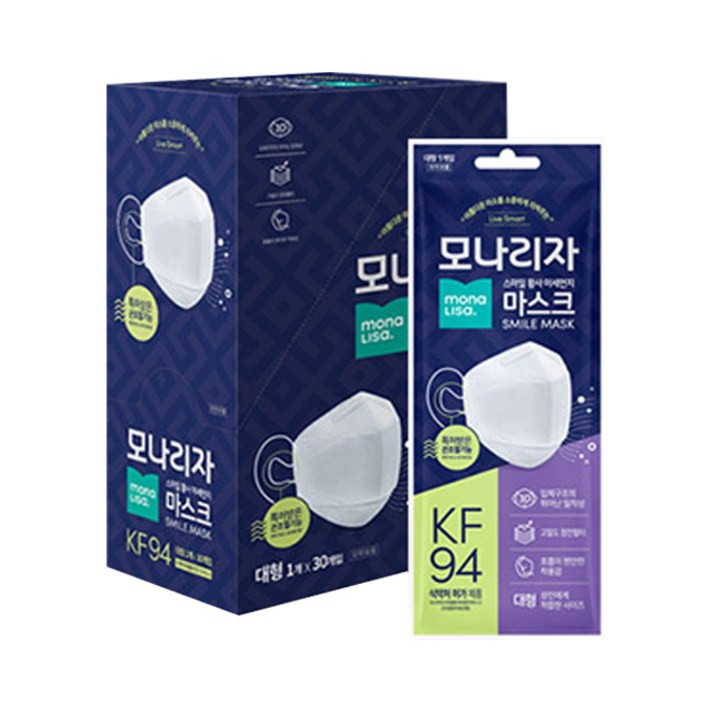 모나리자 스마일 황사미세먼지 마스크 개별포장 끈조절 대형 KF94, 30개입, 1개