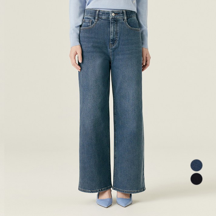 로엠 여성용 기본숏 기장 핏 미 기모 와이드 데님 팬츠