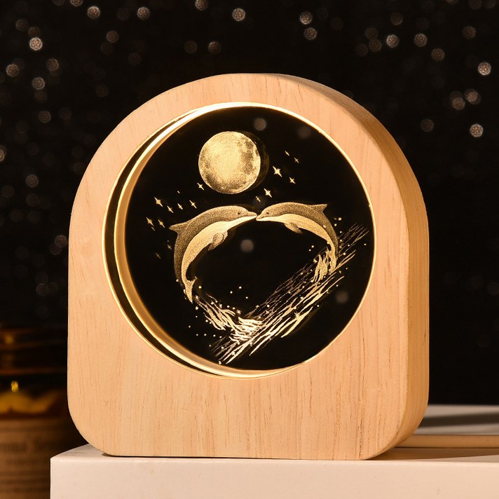 연하 크리스탈 원형 우드 프레임 LED 무드등선물포장, 돌고래