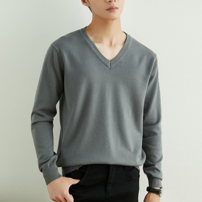 솔레일 남성용 단색 데일리 기본 브이넥 니트