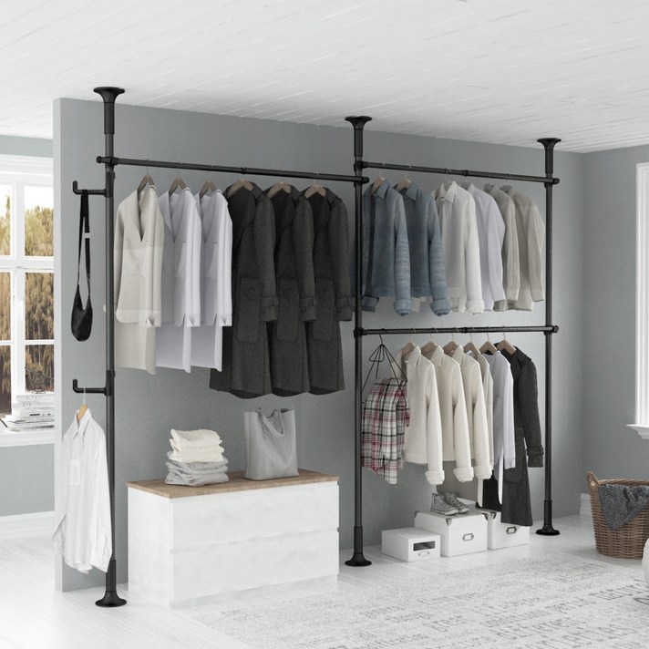  리우리빙 3단 튼튼한행거 + 다용도걸이 세트, 블랙 