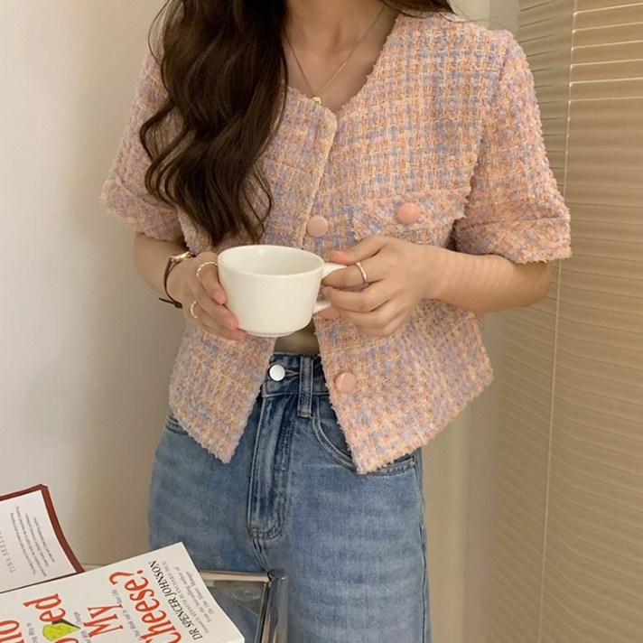 코코블랑 여성용 무드 반팔 트위드 자켓