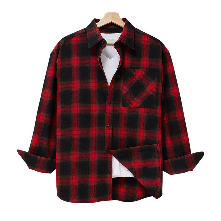 남성용 오버핏 두꺼운 체크 긴팔 셔츠