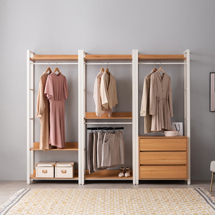 잉글랜더 NEW 베를린 드레스룸 행거 2400 풀세트 1단행거 + 2단행거 + 3단 서랍장 행거 방문설치, 오크(선반) + 화이트(프레임)