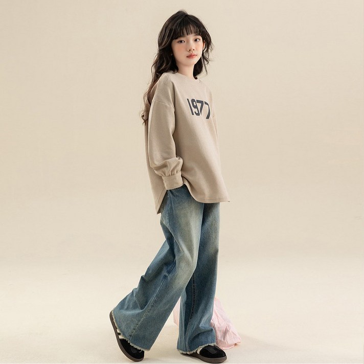 핑크비 워싱와이드팬츠 주니어 초등학생 중학생 여아 청바지 13~21호