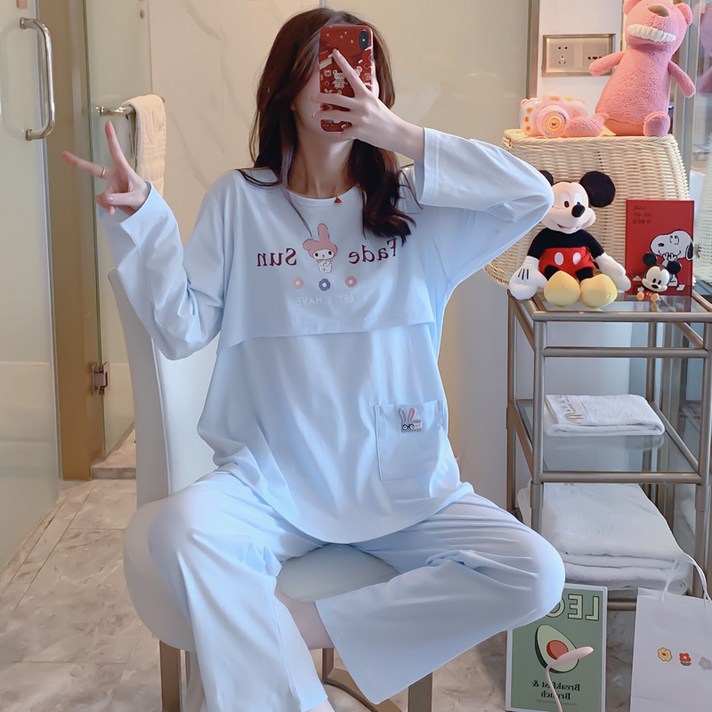 수유복 산후조리복 여름얇은스타일 분만후 순면 오버사이즈 통기성 땀흡수 6월 7월분 수유 임산부 여름, 블루 만화 소녀g, Mml