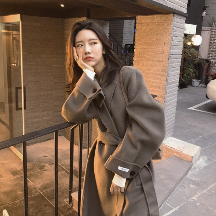 여성 캐시미어 코트 중간 길이 새로운 한국어 스타일 캐주얼 누비 이불 코코아 모직 코트