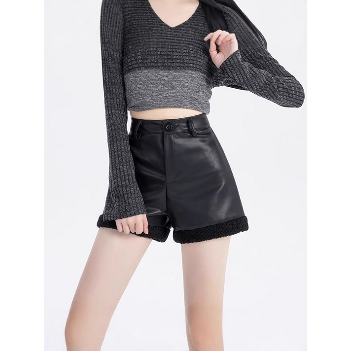 여성용  PU 가죽 반바지 따뜻한 A라인 빅사이즈 데일리 여자 숏팬츠