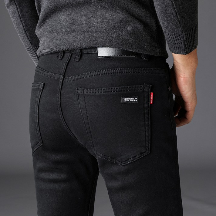 가을 겨울 남성 순수 블랙 청바지 슬림 스트레이트 스트랩 긴 바지