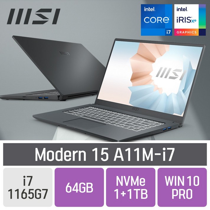 MSI 11세대 모던15 A11M-i7 카본그레이 [노트닷컴], 64GB, SSD 1TB + SSD 1TB, 포함