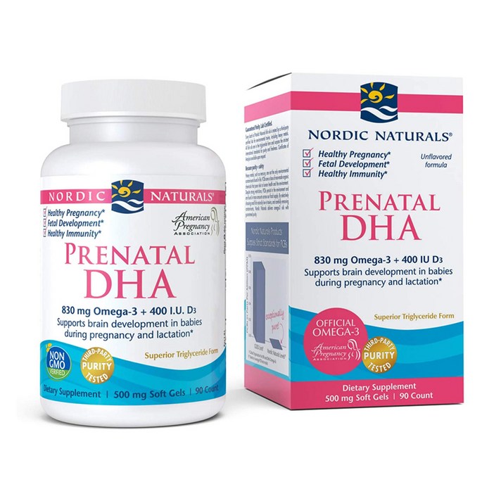 Nordic Naturals 프리네이탈 DHA 830mg 오메가-3 + 400IU D3 500mg 소프트젤, 90개입, 1개