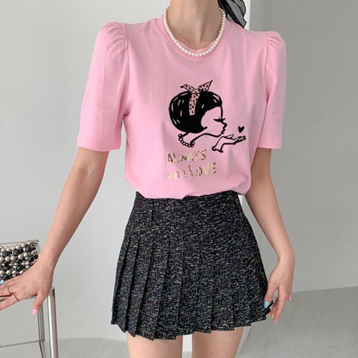 여성용 라운드 반팔 여름티 베이직 여성스러운 데일리룩 쉬이즈큐트퍼프소매반팔티