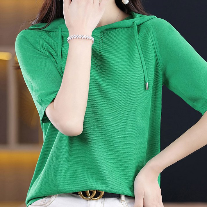 여성반팔티셔츠 봄 여름 여자 후드티 후드티셔츠 여성후드 봄티 여름티 여성티 니트티 여성티셔츠 반팔 반팔티 반팔티셔츠 니트 집업 티셔츠 상의 티 기본티 티셔츠 모자