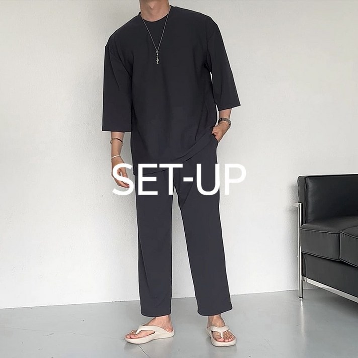 치트키 버블리 링클프리 스판 7부 티셔츠  스판 팬츠 셋업