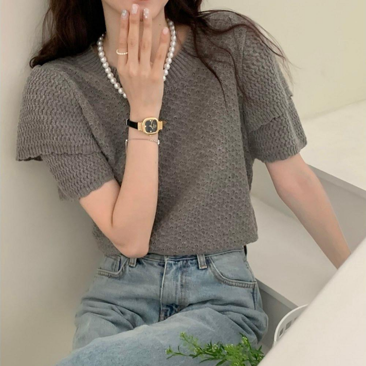 IBOY UGIRL 여성 빈티지 퍼프소매 반팔 니트티 IBOY UGIRL 여성 빈티지 퍼프소매 반팔 니트티