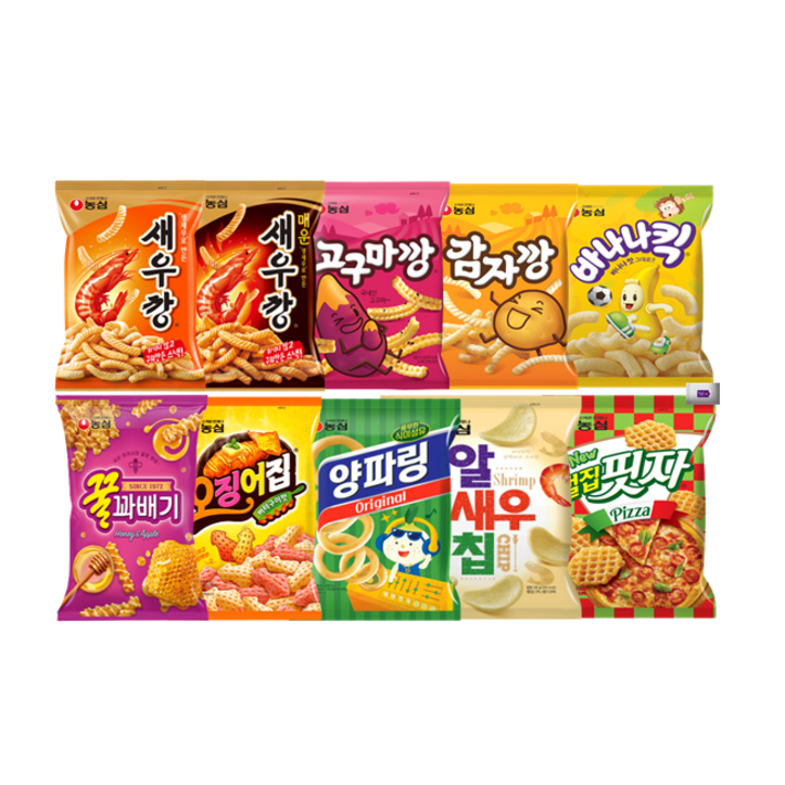 농심과자10종_새우깡+매운새우깡+고구마깡+감자깡+바나나킥+꿀꽈배기+오징어집+양파링+알새우칩+벌집핏자+그레잇물티슈(10매), 농심과자10종세트+그레잇물티슈(10매)