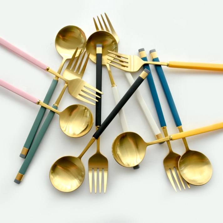 [벤톤스튜디오] 드블랑 골드 라인 투톤 디저트 스푼+포크 1set /스텐리스 스푼1p 포크1p 단품구매가능, 블랙, 1인세트(디저트 스푼1P+포크1P)