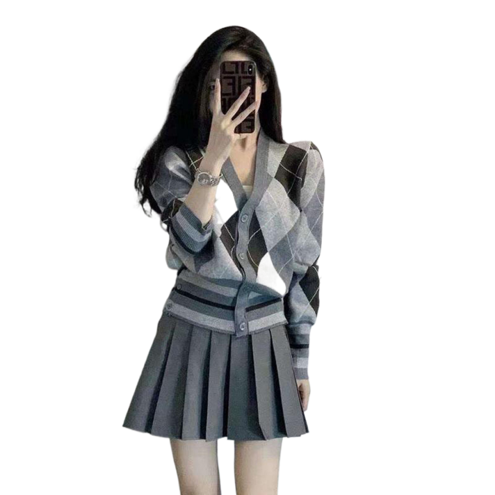 여성 아가일 골프 니트 가디건 스커트 투피스 플리츠 치마 골프웨어 라운딩 필드룩 연습복