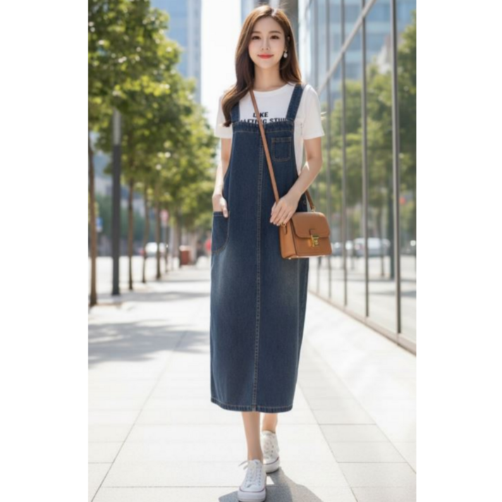 에미트 데님 멜빵 원피스 미디원피스 롱원피스 멜빵치마 청멜빵 데님원피스